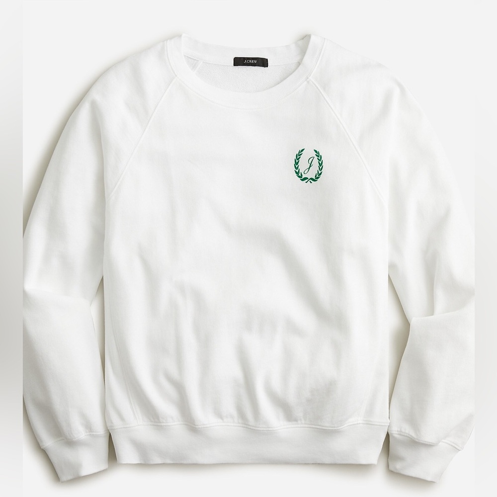 J. CREW University Club White Sweatshirt Green “J” Logo & Ribbed Crewneck Collar